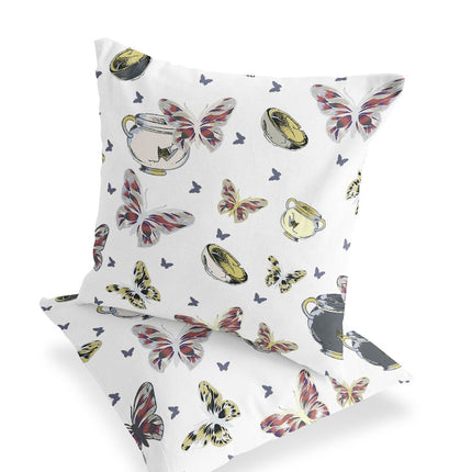 Set of Two White Yellow And Charcoal Butterfly Indoor Outdoor Throw Pillow