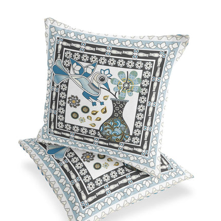 Set of Two White Black And Blue Peacock Indoor Outdoor Throw Pillow