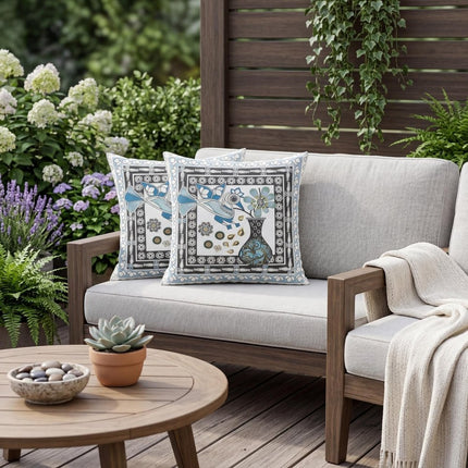 Set of Two White Black And Blue Peacock Indoor Outdoor Throw Pillow