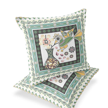 Set of Two White Black Yellow And Green Peacock Indoor Outdoor Throw Pillow
