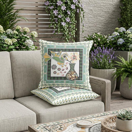 Set of Two White Black Yellow And Green Peacock Indoor Outdoor Throw Pillow