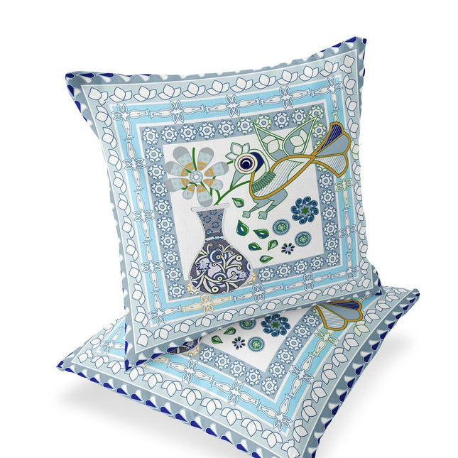 Set of Two White Gold And Gray Peacock Indoor Outdoor Throw Pillow