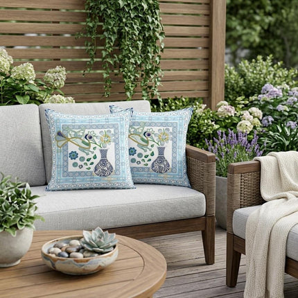 Set of Two White Gold And Gray Peacock Indoor Outdoor Throw Pillow