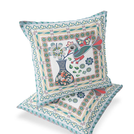Set of Two White Pink And Light Blue Peacock Indoor Outdoor Throw Pillow