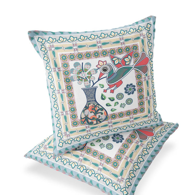 Set of Two White Pink And Light Blue Peacock Indoor Outdoor Throw Pillow