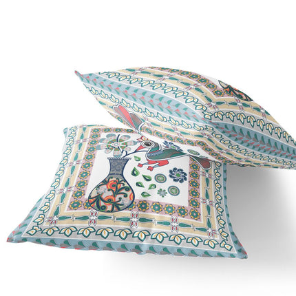 Set of Two White Pink And Light Blue Peacock Indoor Outdoor Throw Pillow