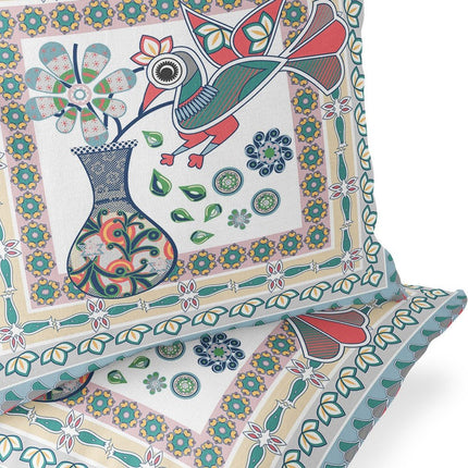 Set of Two White Pink And Light Blue Peacock Indoor Outdoor Throw Pillow