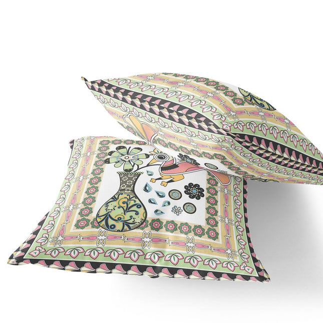 Set of Two White Pink And Light Green Peacock Indoor Outdoor Throw Pillow