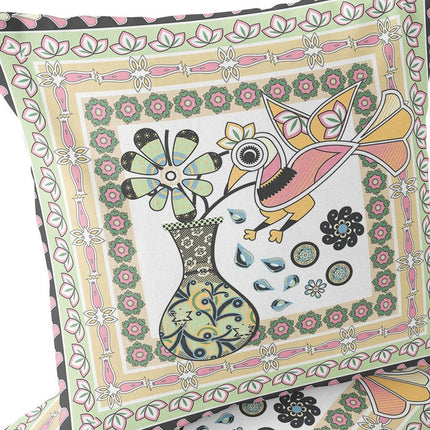Set of Two White Pink And Light Green Peacock Indoor Outdoor Throw Pillow