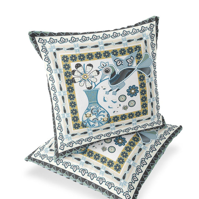 Set of Two White Yellow Black And Light Blue Peacock Indoor Outdoor Throw Pillow