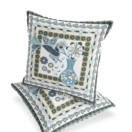 Set of Two White Yellow Black And Light Blue Peacock Indoor Outdoor Throw Pillow