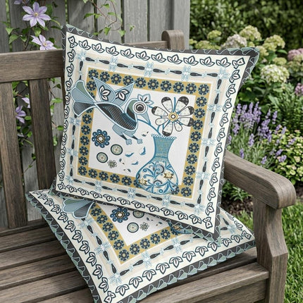 Set of Two White Yellow Black And Light Blue Peacock Indoor Outdoor Throw Pillow
