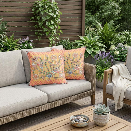 Set of Two Yellow Peach And White Peacock Indoor Outdoor Throw Pillow