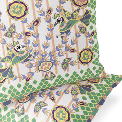 Set of Two White Green And Yellow Peacock Indoor Outdoor Throw Pillow