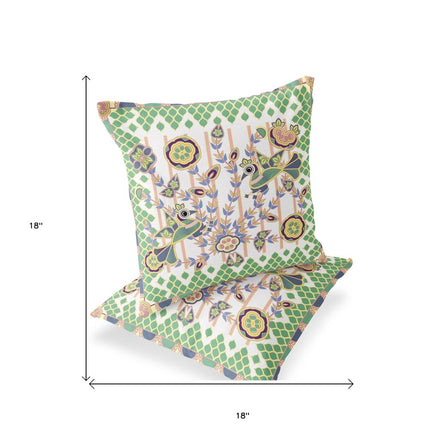 Set of Two White Green And Yellow Peacock Indoor Outdoor Throw Pillow