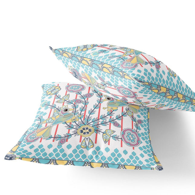 Set of Two White Light Blue And Yellow Peacock Indoor Outdoor Throw Pillow