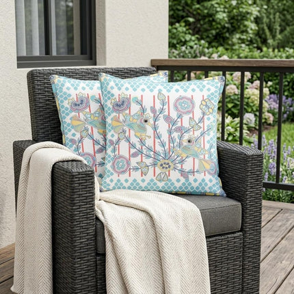 Set of Two White Light Blue And Yellow Peacock Indoor Outdoor Throw Pillow