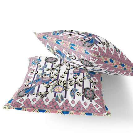 Set of Two White Pink And Black Peacock Indoor Outdoor Throw Pillow
