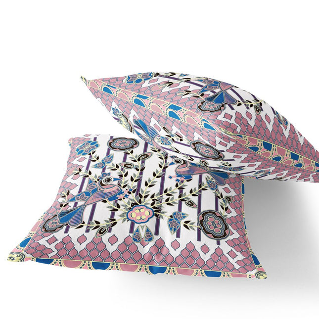 Set of Two White Pink And Black Peacock Indoor Outdoor Throw Pillow