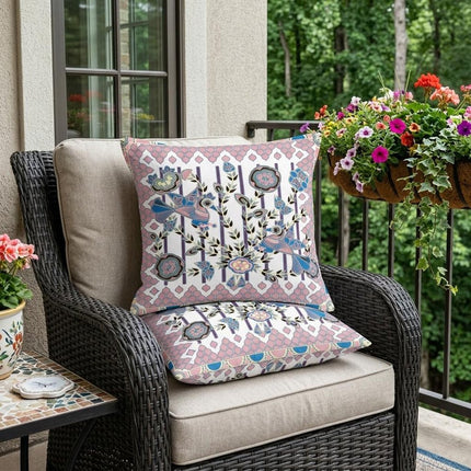 Set of Two White Pink And Black Peacock Indoor Outdoor Throw Pillow