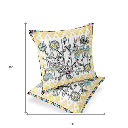 Set of Two White Yellow And Gray Peacock Indoor Outdoor Throw Pillow