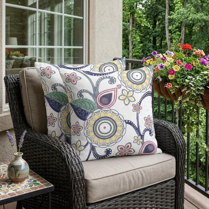 Set of Two Yellow Green Blue And White Floral Indoor Outdoor Throw Pillow