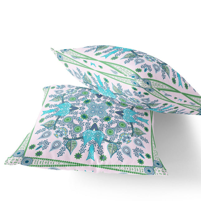 Set of Two White Light Blue And Green Botanical Indoor Outdoor Throw Pillow