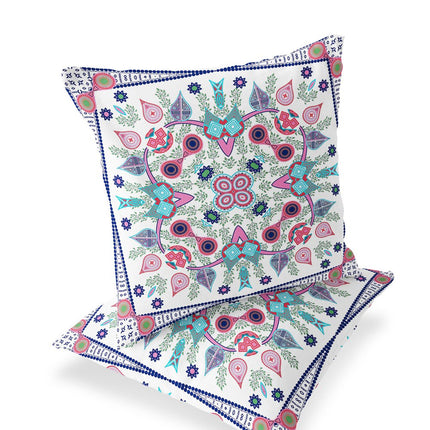 Set of Two White Pink And Light Blue Botanical Indoor Outdoor Throw Pillow
