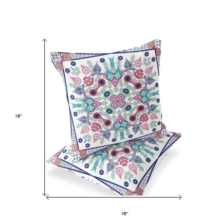 Set of Two White Pink And Light Blue Botanical Indoor Outdoor Throw Pillow