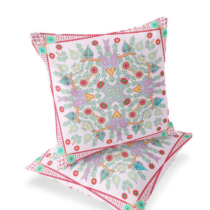Set of Two White Pink And Red Botanical Indoor Outdoor Throw Pillow