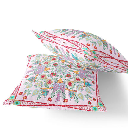 Set of Two White Pink And Red Botanical Indoor Outdoor Throw Pillow