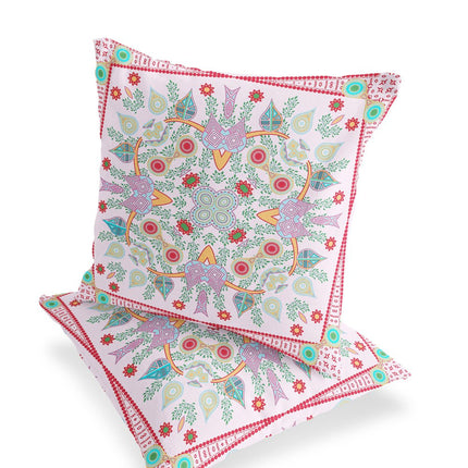 Set of Two White Pink And Red Botanical Indoor Outdoor Throw Pillow
