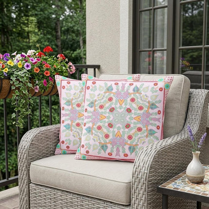 Set of Two White Pink And Red Botanical Indoor Outdoor Throw Pillow