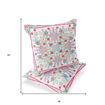 Set of Two White Pink And Red Botanical Indoor Outdoor Throw Pillow