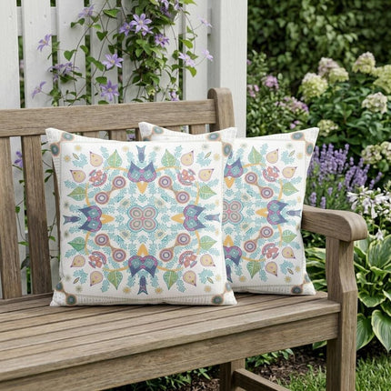 Set of Two White Pink Yellow And Light Green Botanical Indoor Outdoor Throw Pillow