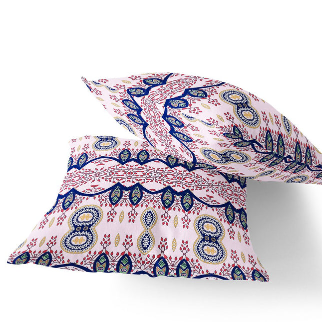 Set of Two White Red And Blue Botanical Indoor Outdoor Throw Pillow
