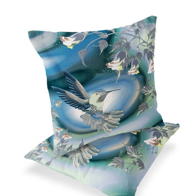 Set of Two White Blue And Gray Bird Indoor Outdoor Throw Pillow
