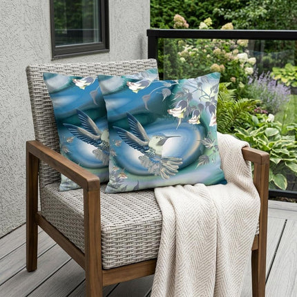 Set of Two White Blue And Gray Bird Indoor Outdoor Throw Pillow