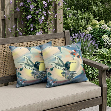 Set of Two Yellow Green And Blue Bird Indoor Outdoor Throw Pillow
