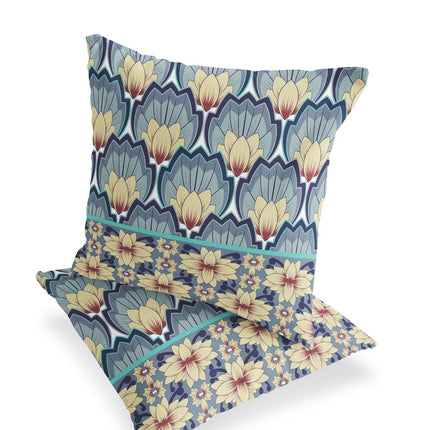 Set of Two Yellow And Gray Floral Indoor Outdoor Throw Pillow