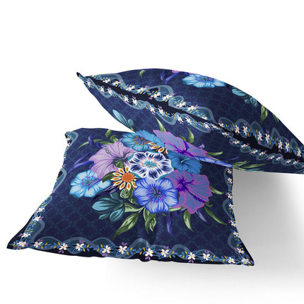 Set of Two Yellow And Blue Floral Indoor Outdoor Throw Pillow