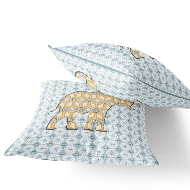 Set of Two Yellow And Light Blue Elephant Indoor Outdoor Throw Pillow