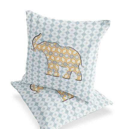 Set of Two Yellow And Light Blue Elephant Indoor Outdoor Throw Pillow