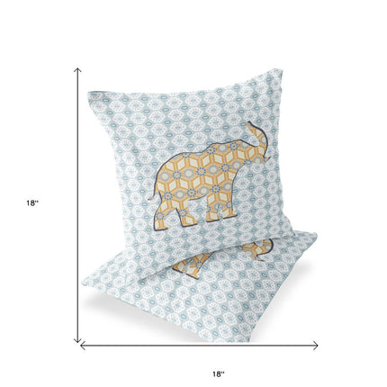 Set of Two Yellow And Light Blue Elephant Indoor Outdoor Throw Pillow