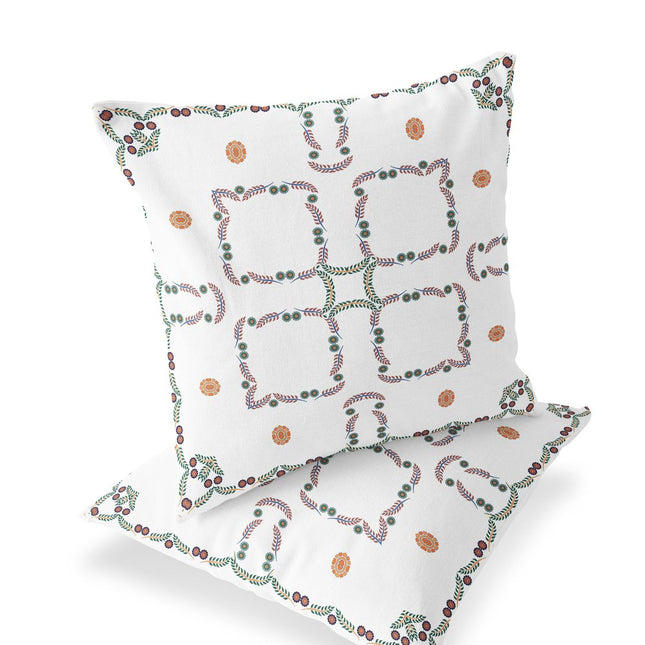 Set of Two White Orange And Green Floral Indoor Outdoor Throw Pillow