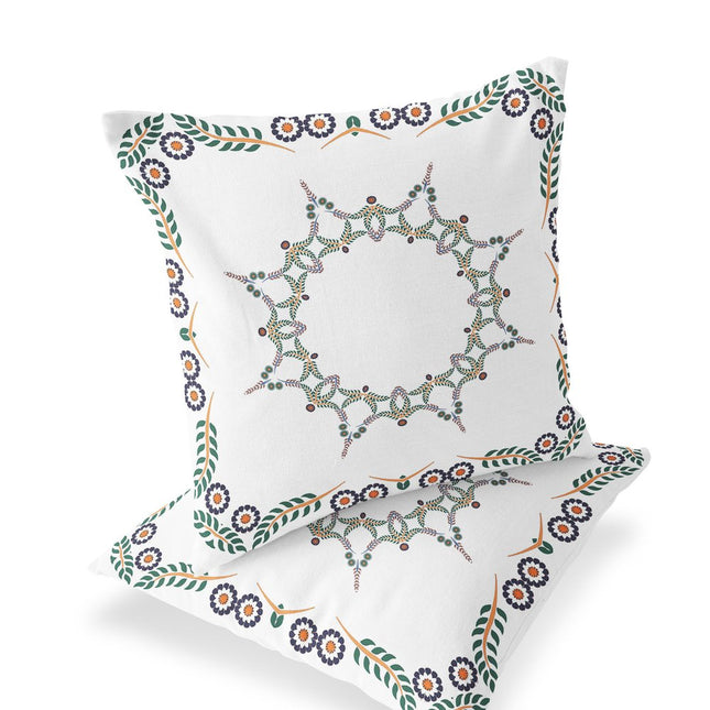 Set of Two White Green And Orange Floral Indoor Outdoor Throw Pillow