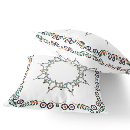 Set of Two White Green And Orange Floral Indoor Outdoor Throw Pillow
