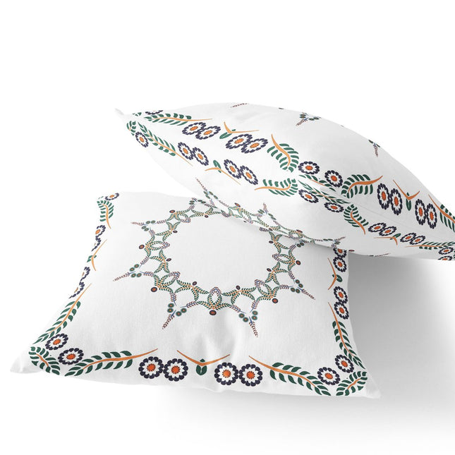 Set of Two White Green And Orange Floral Indoor Outdoor Throw Pillow