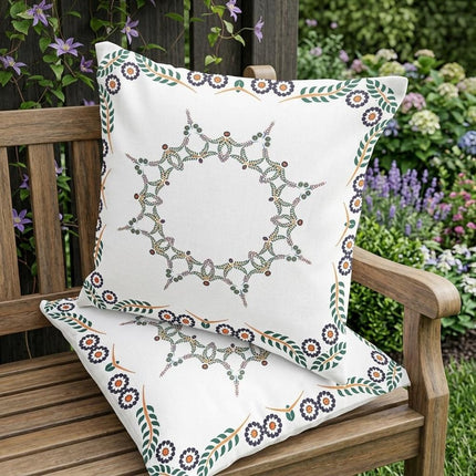 Set of Two White Green And Orange Floral Indoor Outdoor Throw Pillow