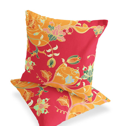 Set of Two Yellow Red And Green Floral Indoor Outdoor Throw Pillow